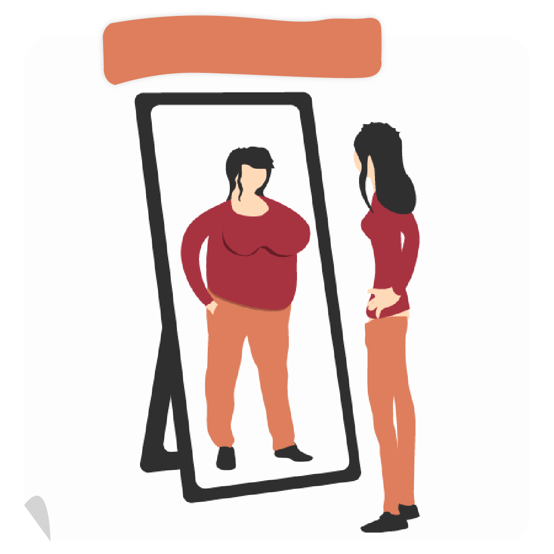 Ein Post-It, auf dem eine dünne Frau zu sehen ist, die sich im Spiegel anschaut und dort deutlich dicker aussieht.